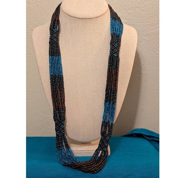 Brown & Blue Seed Bead Multi Strand Necklace With Woven Stations - Picture 2 of 7